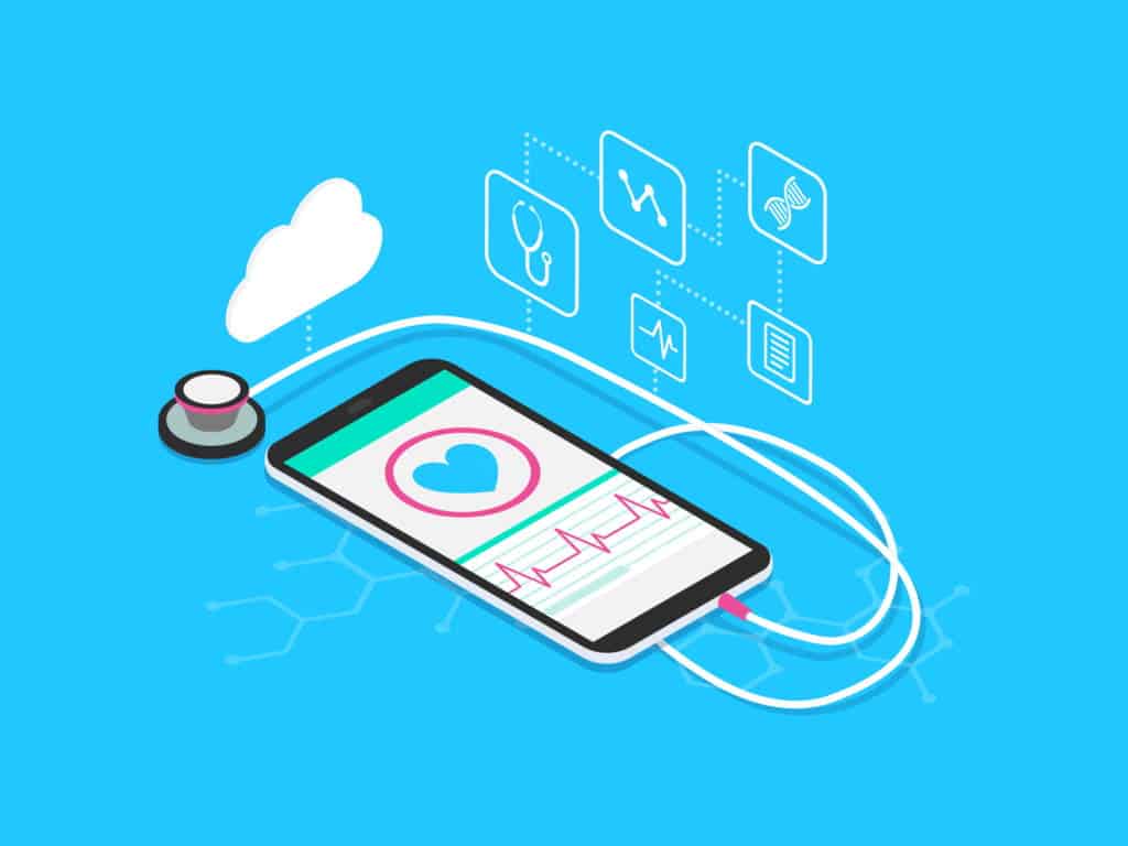 DiGA Beispiel: Smartphone, welches an Stethoskop angeschlossen ist und medizinische Apps. DiGAs (Digitale Gesundheitsanwendungen) sind Apps auf Rezept, welche am Smartphone oder am Laptop genutzt werden könne. Somit wird eine Ort- und Zeitunabhängige Versorgung der Patienten gewährleistet.