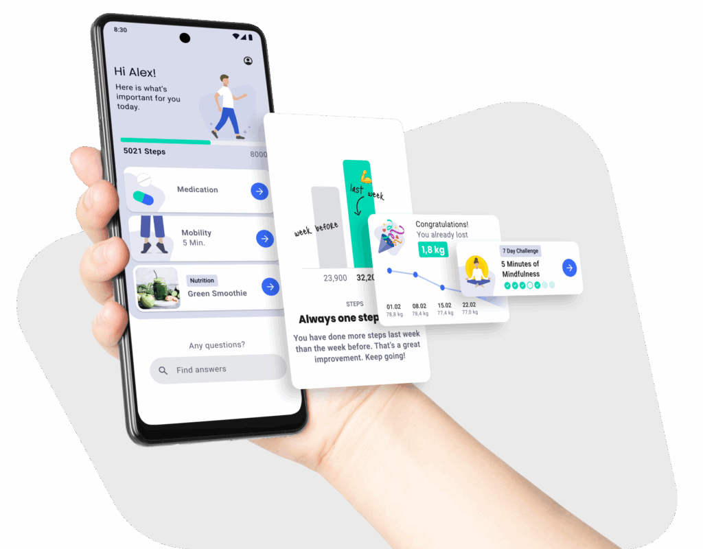 Visualisierung der mHealth Suite Plattform – modulare Digital-Health-Architektur mit Beispielen für Medikation, Mobilität und Nutzerfeedback. mHealth Suite – modulare Plattform zur Entwicklung CE-zertifizierter DiGA, DTx und Companion Apps.
